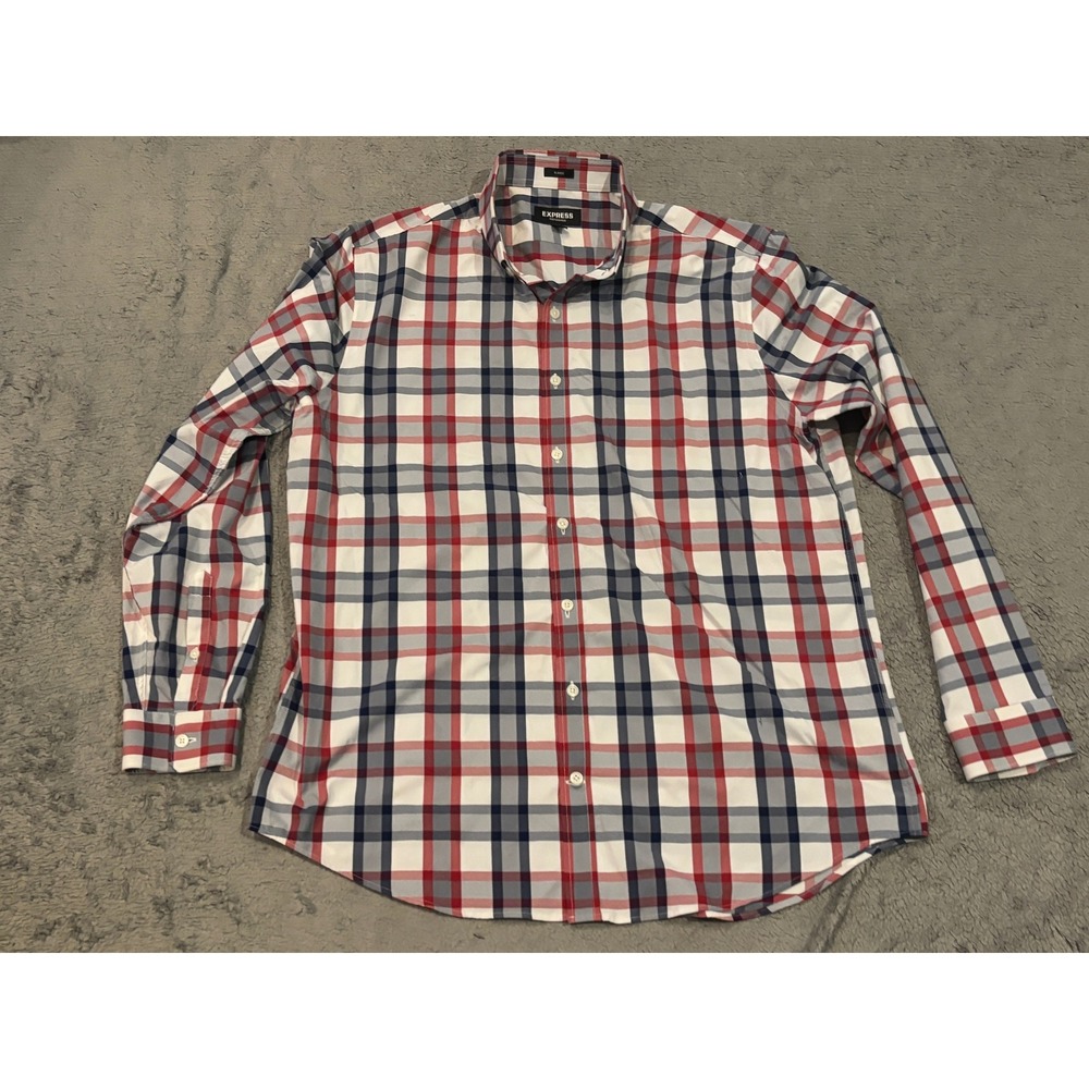 Express Performance Mens Classic Fit Red White Blue Plaid Button Down Shirt L